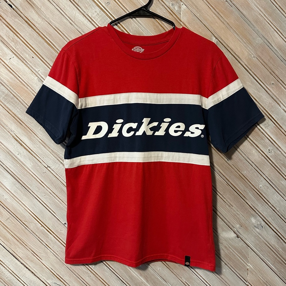 Dickies Red & Blue Logo Tee T Shirt White Stripes Workwear Outdoor
